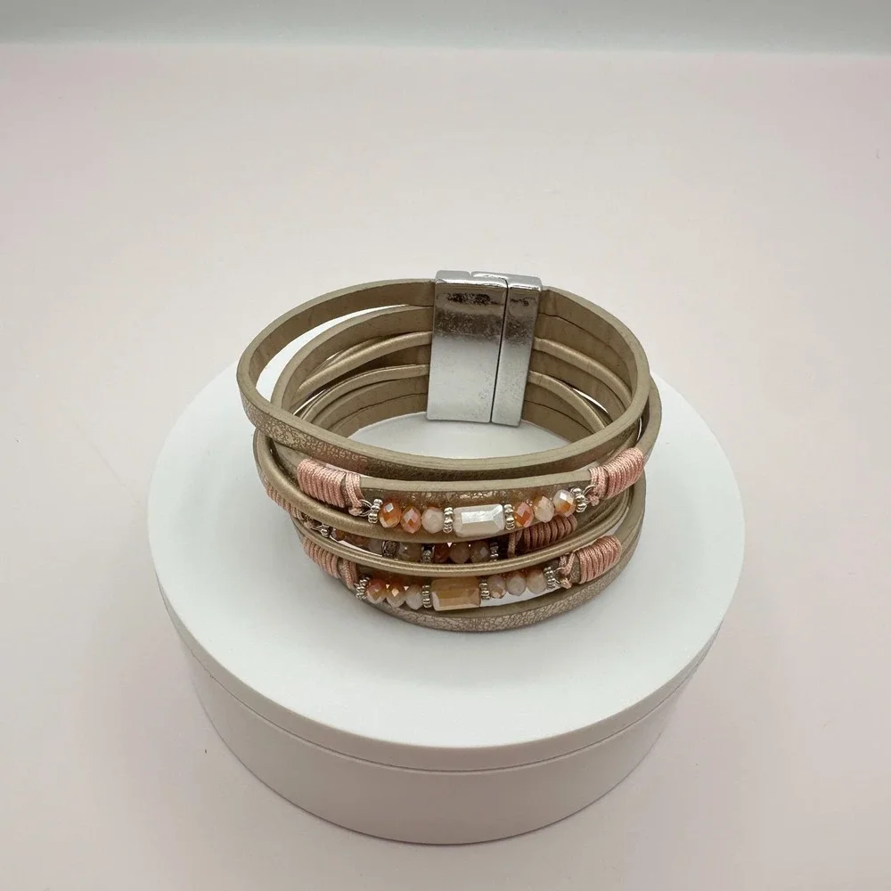 Vintage Y2K Boho Beaded Faux‎ Leather Multi Strand Cuff Bracelet Women's Jewelry